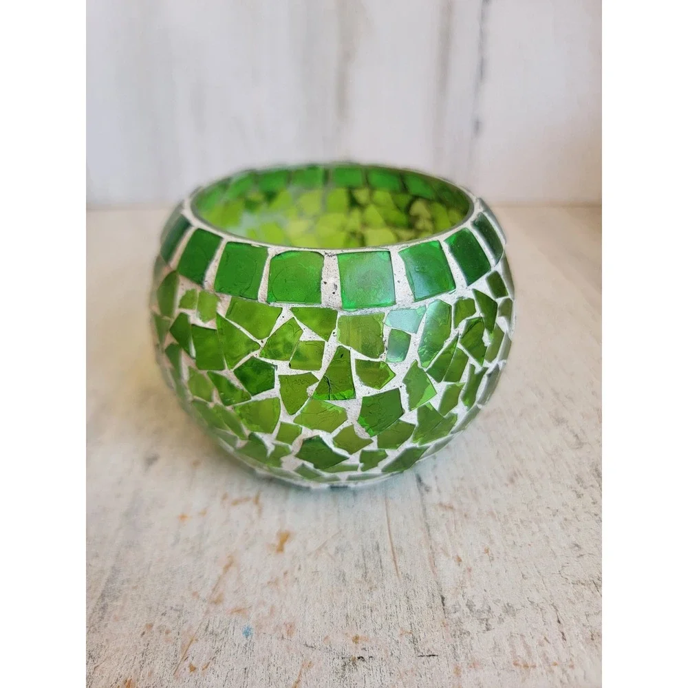 Tea light stained glass green vintage candle holder unique home decor figure